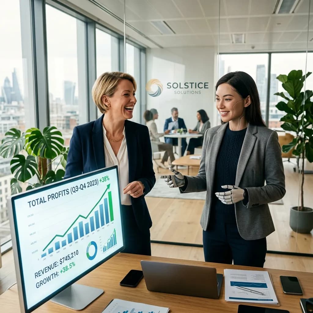 Happy business owner with AI agent assistant